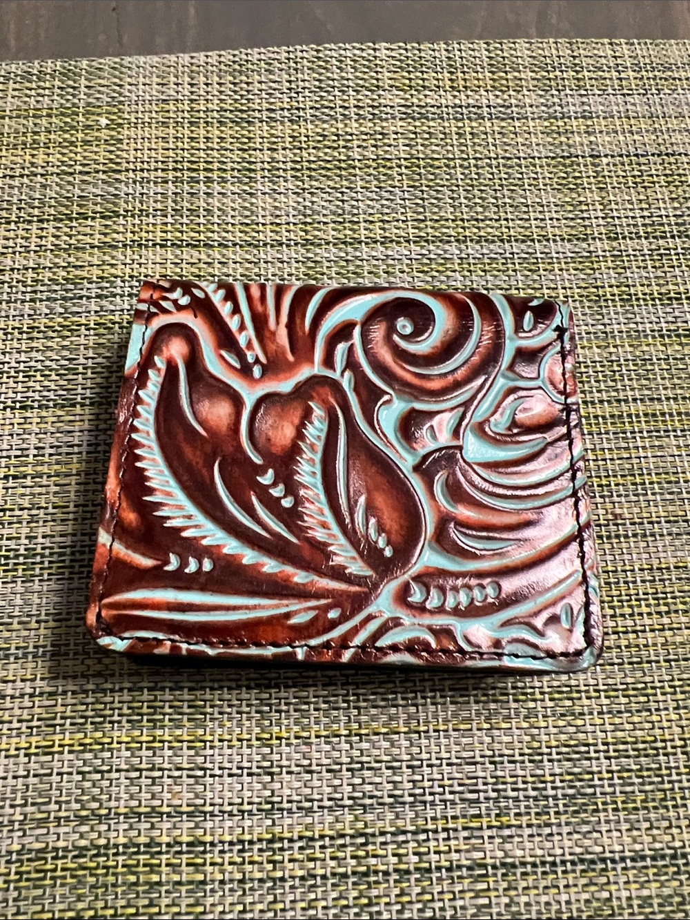 Patricia Nash Hand-Tooled Brown and Turquoise Leather Bifold Wallet